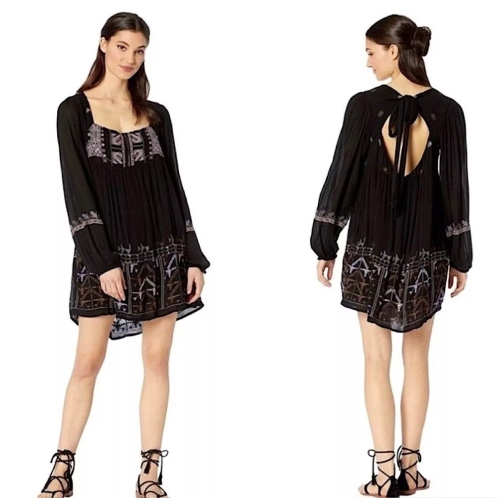 Free People Rhiannon Black Long Sleeve Dress with Embroidery